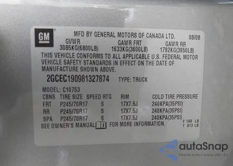 2008 Chevrolet Silverado 1500 Work Truck from USA, damaged, VIN 2GCEC190981327874